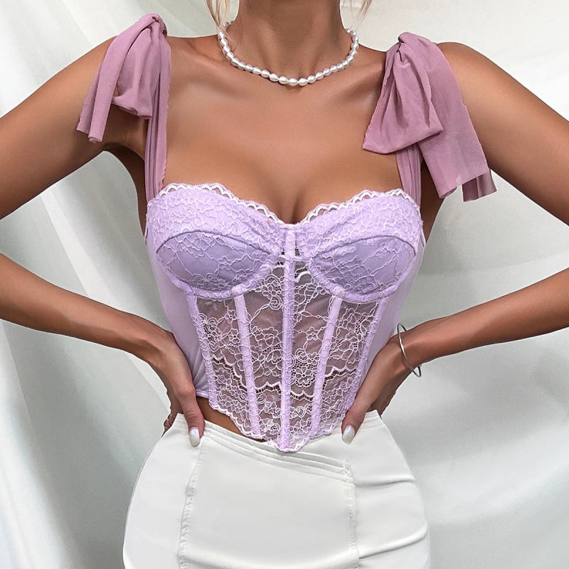 Coquette Lace Hollow Halter Crop Top - See Through Mesh with Fishbone Corset - Cute Little Wish