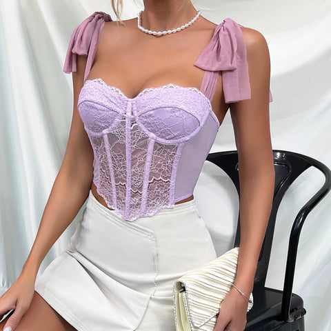 Coquette Lace Hollow Halter Crop Top - See Through Mesh with Fishbone Corset - Cute Little Wish