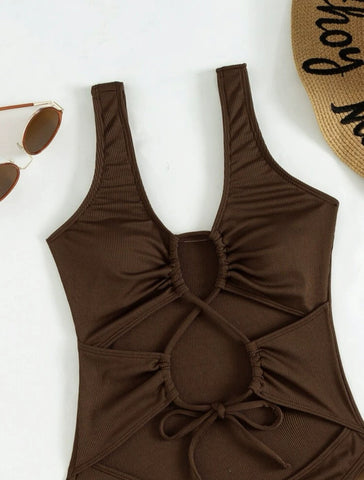Cut Out Solid Color Ribbon Chest Pad Mesh One Piece Swimsuit - Cute Little Wish