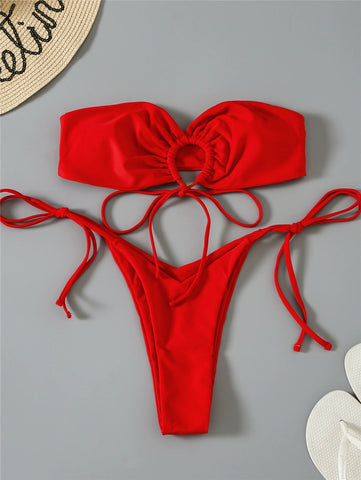 One Color Bikini Strap T-Back Split Swimsuit - Cute Little Wish