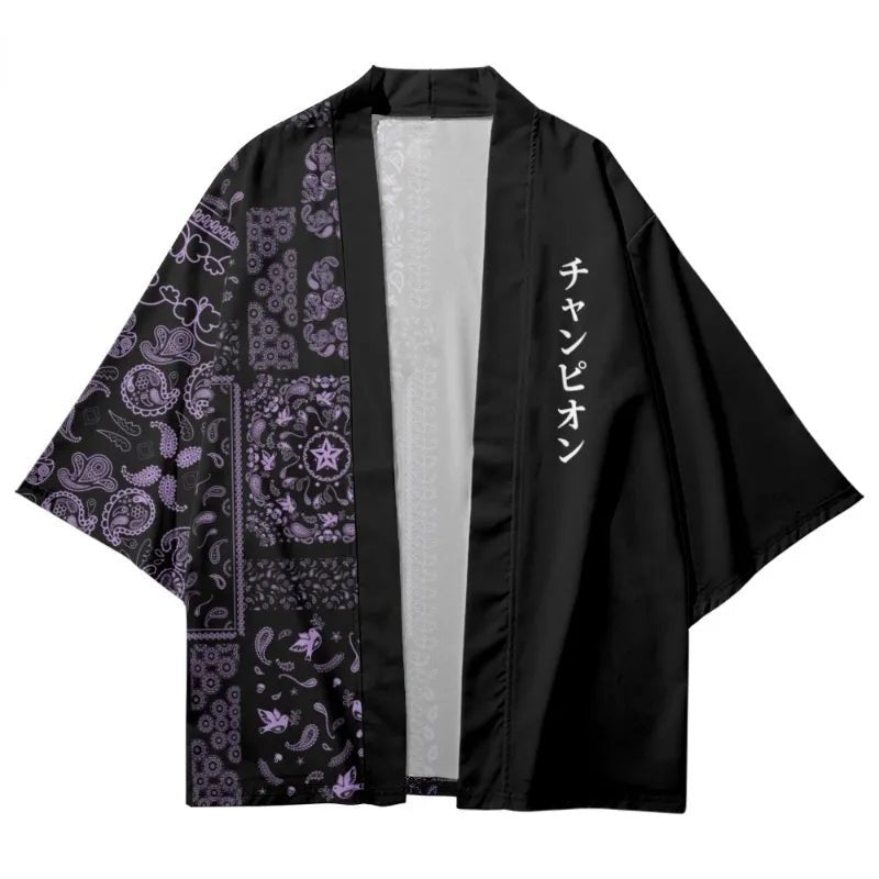 Unisex Purple Paisley Print Patchwork Haori Kimono - Cute Little Wish