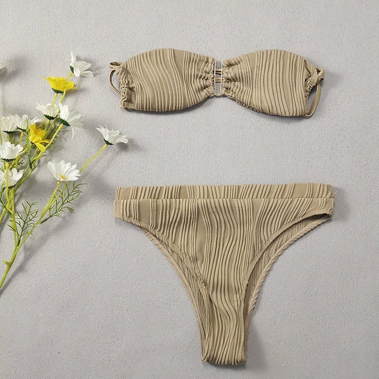 Women's High Waist Solid Bikini - Sexy Split Bandeau Swimsuit - Cute Little Wish