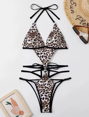 Women's Lace-up Cutout Sleeveless Leopard-Print One-Piece Swimming Suit V - Cute Little Wish